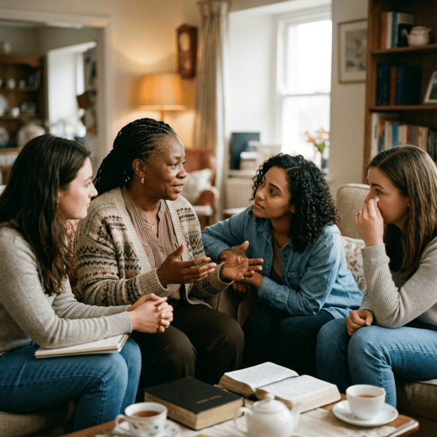 Four women discussing faith around open books and tea in a living room