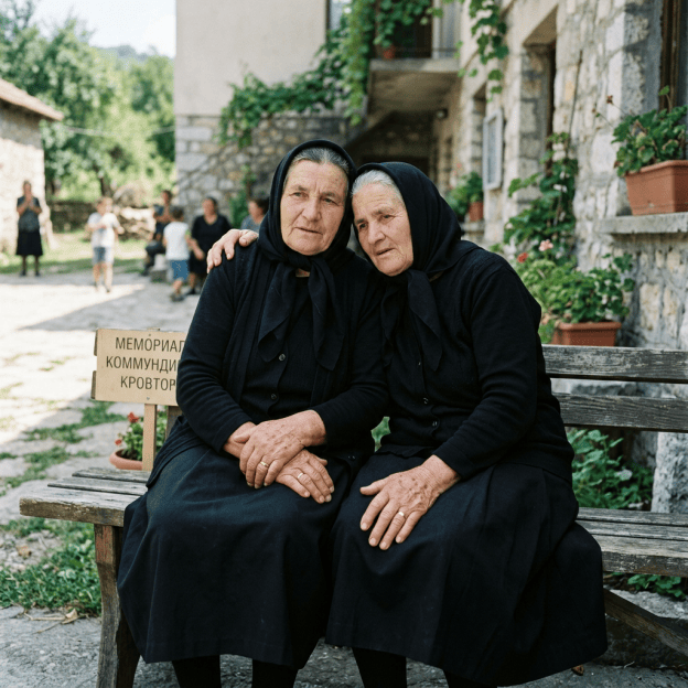 Two elderly women in black headscarves seated beside a memorial sign
