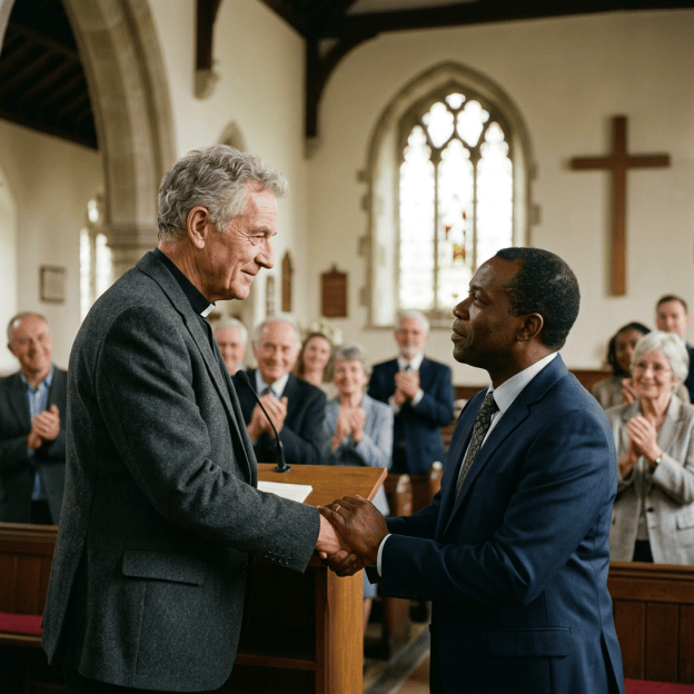 Priest and community leader shaking hands before applauding congregation