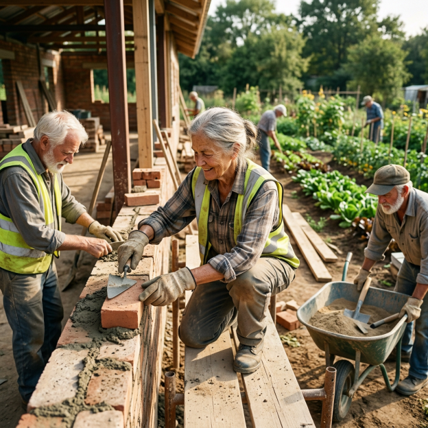 Older volunteers building a brick wall beside a community garden