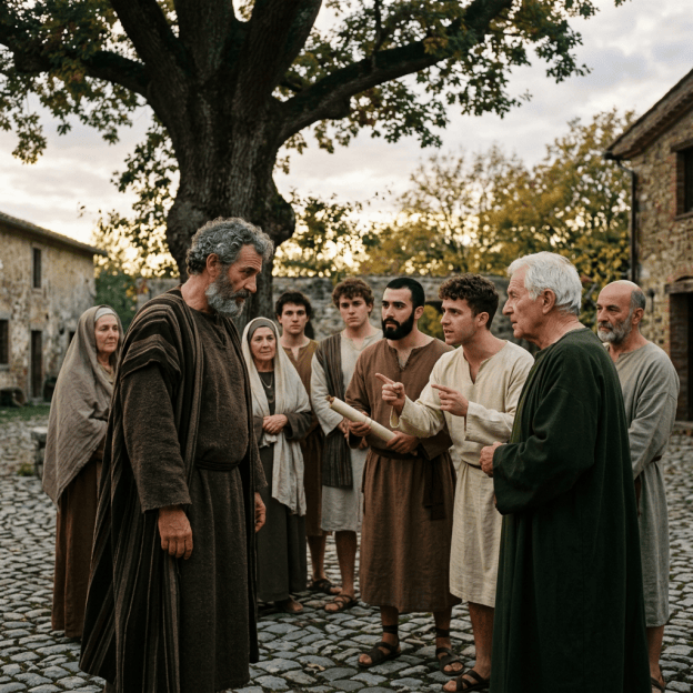 People in ancient-style robes talking in a stone village courtyard
