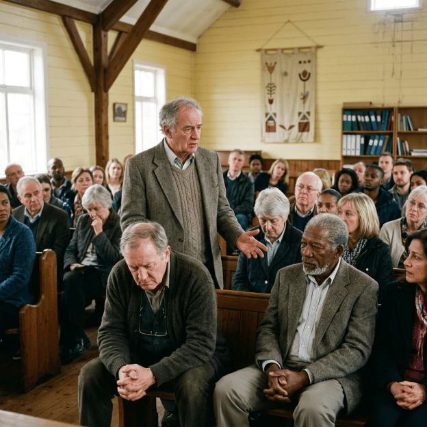 Older man speaking to a seated community gathering in a wooden hall