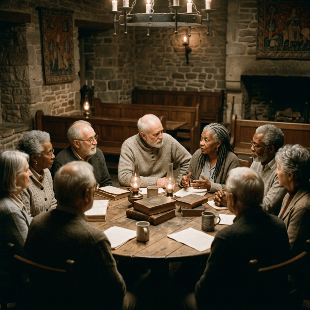 Eight older adults discussing documents around a candlelit table