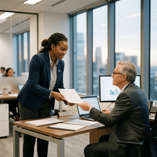 Two colleagues exchange a document at an office desk