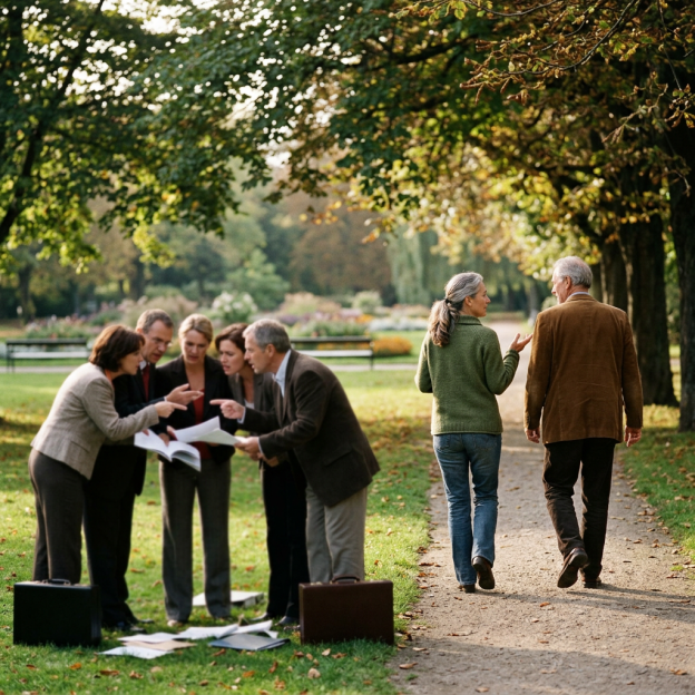 Colleagues discussing documents in a park while two coworkers walk nearby