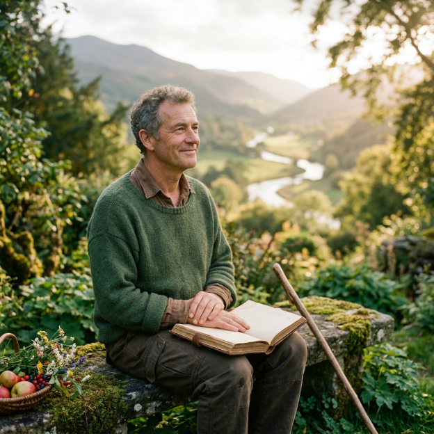Man sitting outdoors with an open journal overlooking a mountain valley