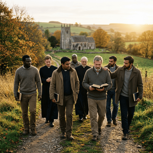Seven clergy members walking along a countryside path near a church