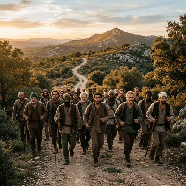 Group of hikers walking along a rocky trail beneath a mountain at sunset