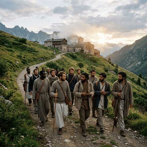 Group of travelers walking toward a mountain monastery at sunset