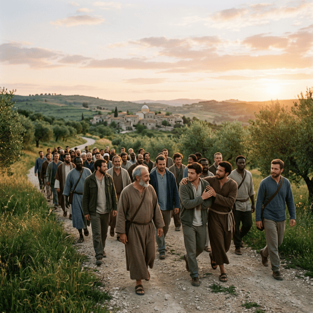 Diverse group of people walking along a country path at sunset