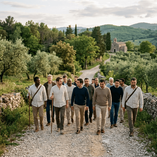 Group of men walking along a rural path through olive groves
