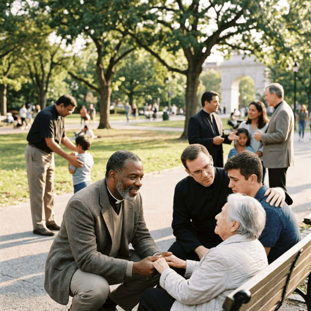 Clergy members comfort an older woman on a park bench