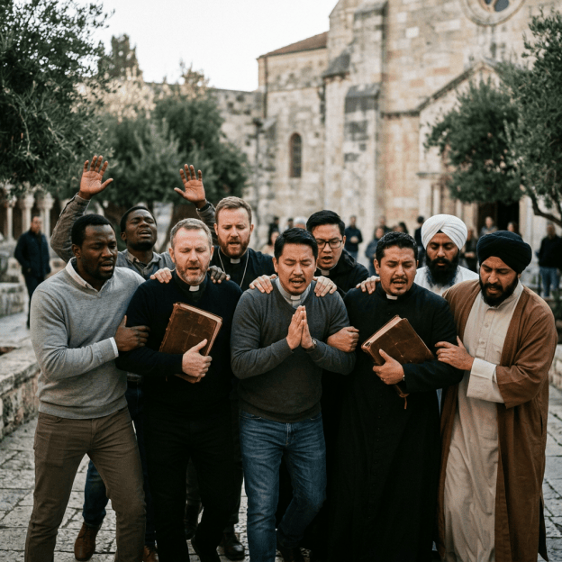 Diverse religious leaders praying together outside a historic stone church