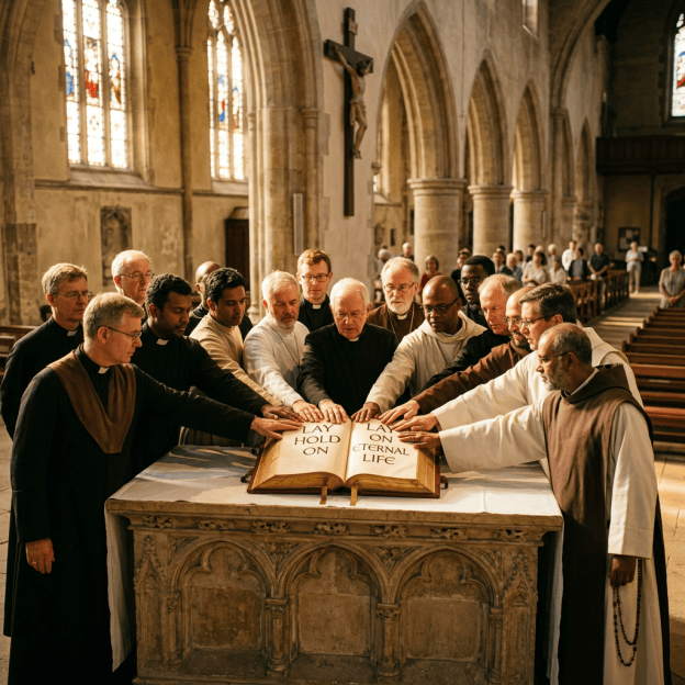 Clergy members place their hands around an open book reading “LAY HOLD ON ETERNAL LIFE.”