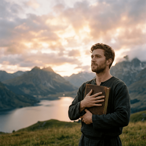 Man holding a book overlooks a mountain lake at sunset