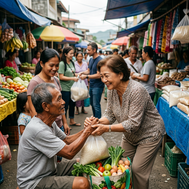 Older shoppers exchanging a handshake beside fresh produce at a busy market