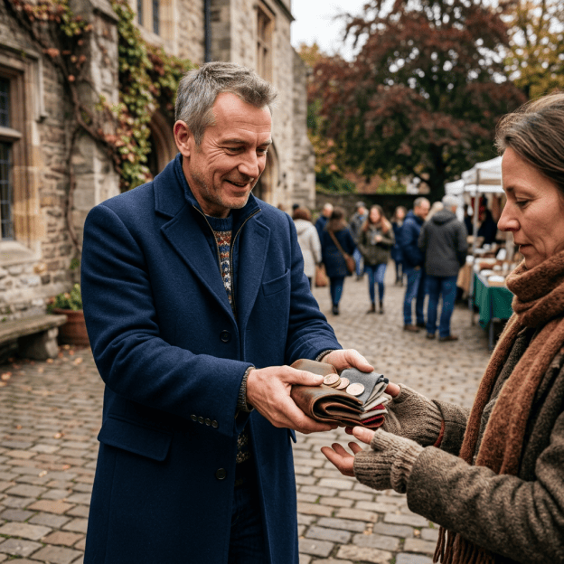 Man handing money from a wallet to a woman at an outdoor market