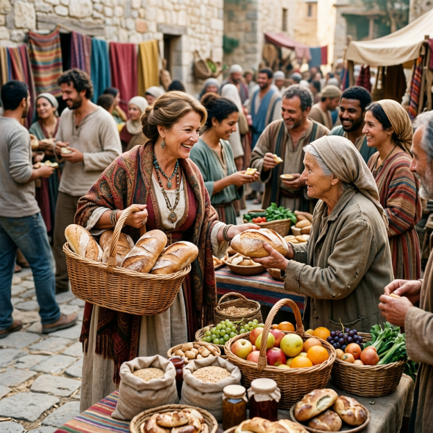 Women sharing bread at a crowded outdoor market surrounded by produce and textiles