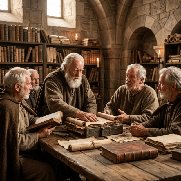 Five robed scholars examining manuscripts around a wooden table