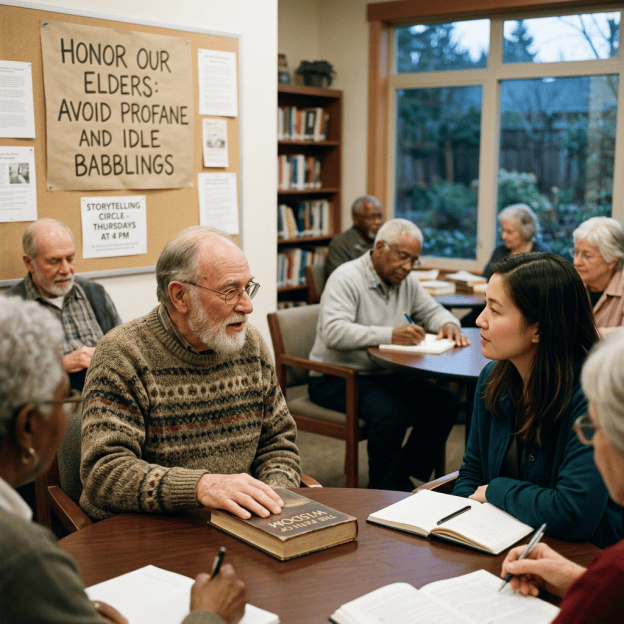 Older adults and a younger woman meet around a table; bulletin reads “HONOR OUR ELDERS: AVOID PROFANE AND IDLE BABBLINGS” and “STORYTELLING CIRCLE—THURSDAYS AT 4 PM.”