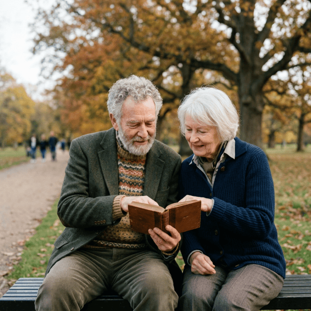 Older couple reading an open book together on a park bench