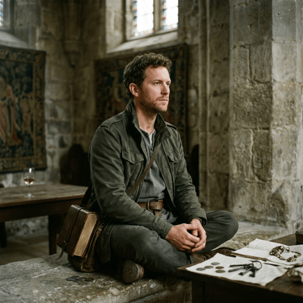Man seated in stone church beside manuscripts, coins, and historical artifacts