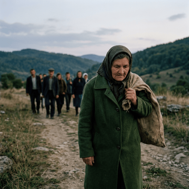 Older woman carrying a blanket walks ahead of a group on a mountain path