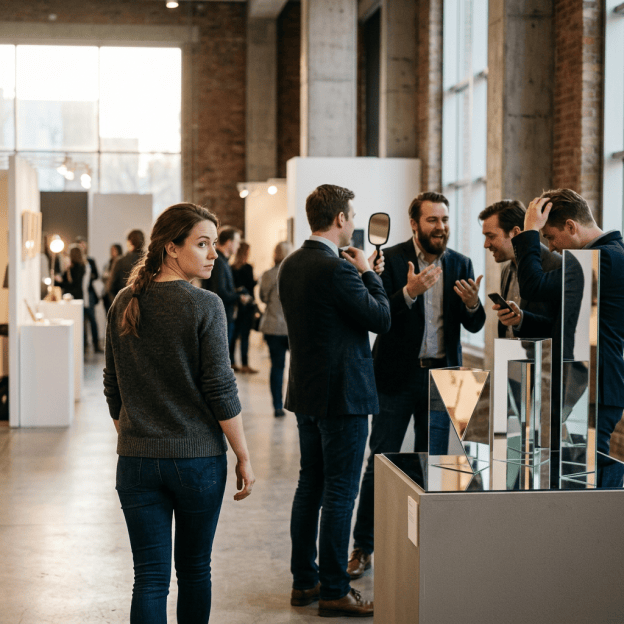 Visitors talking beside geometric sculptures in a contemporary art gallery
