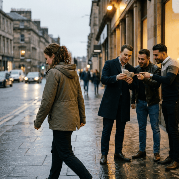 Three men count cash on a wet city sidewalk as a woman walks past