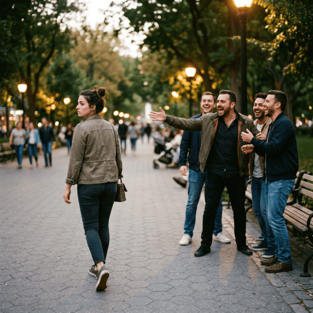 Woman walking past four laughing men on a tree-lined park path