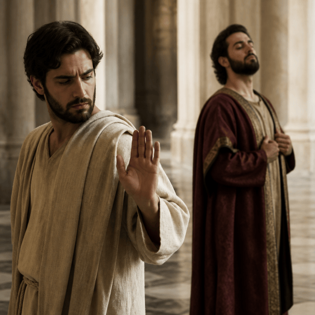 Man in robe raising hand toward another robed figure in columned hall