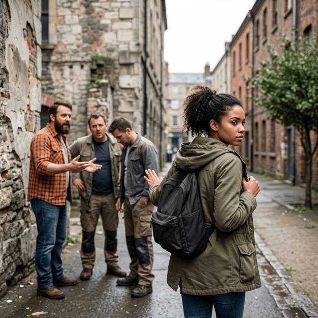 Woman with backpack turning away from three men on a narrow city street
