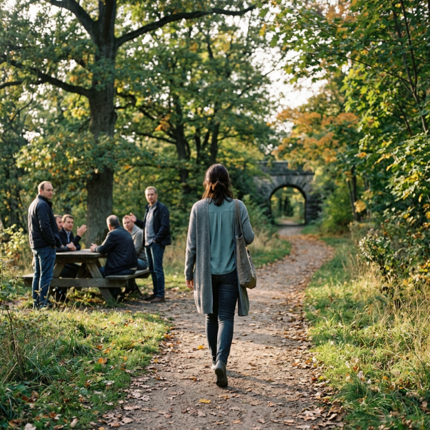 Woman walking on a wooded path past people gathered at a picnic table