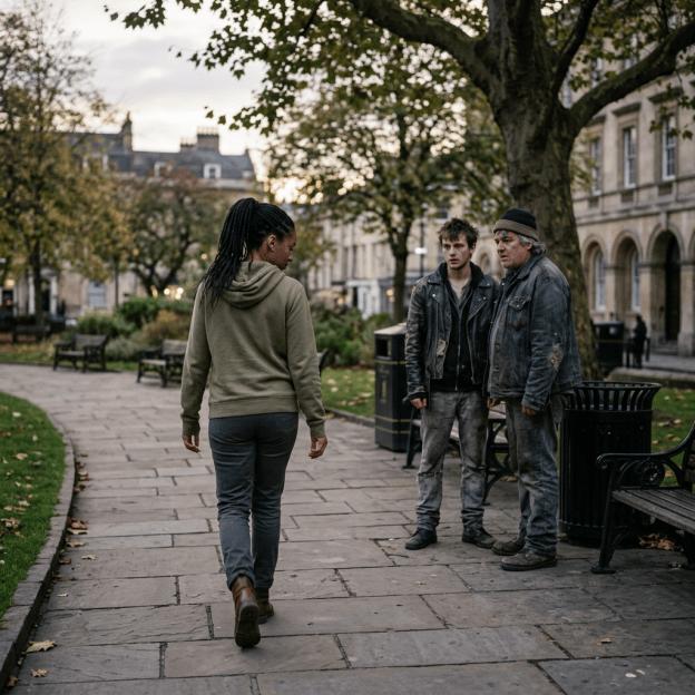 Woman walking toward two men on a city park path