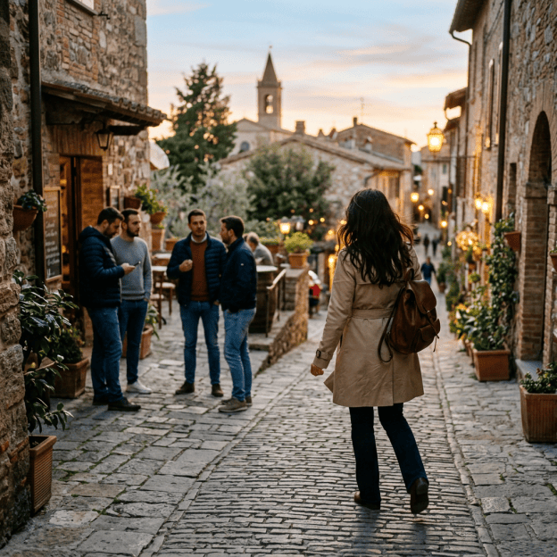 Woman with backpack walking through a lantern-lit medieval village street