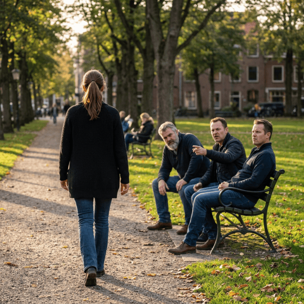Woman walking past three men talking on a park bench
