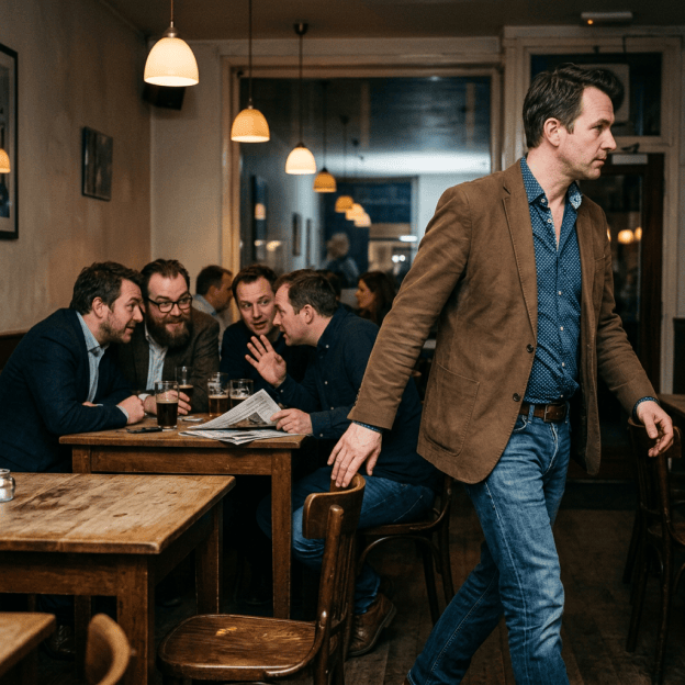 Man walking past friends talking over drinks in a warmly lit café