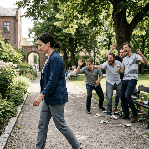 Woman walking past cheering men in a leafy garden