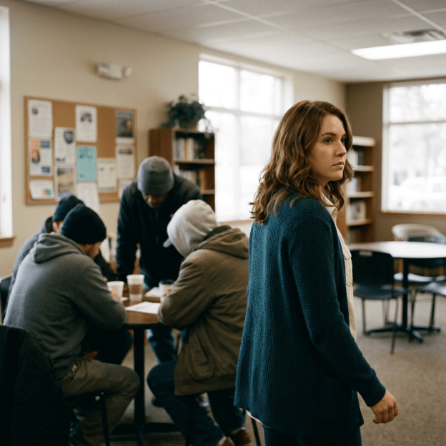 Woman walking past people gathered around a table in a community center