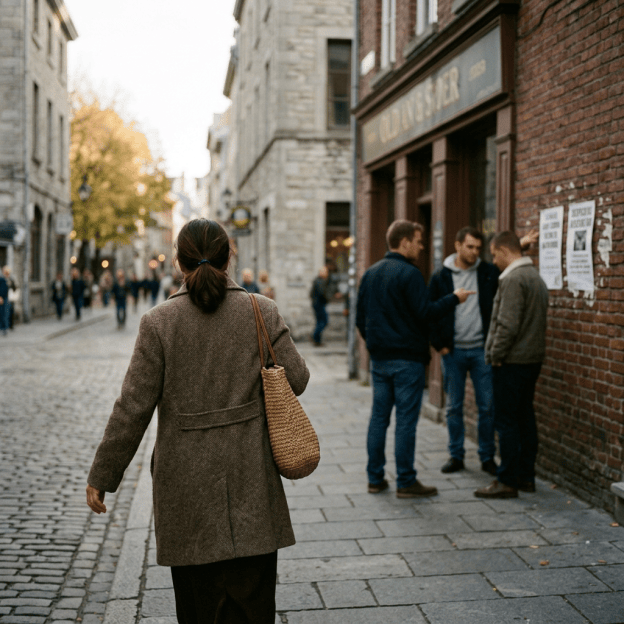 Woman walking past three men outside a bar on a cobblestone street