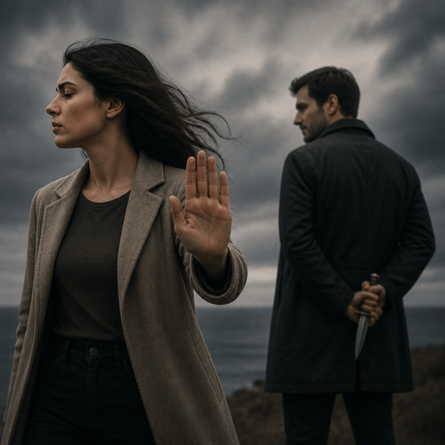 Woman signaling stop while man conceals a knife behind her