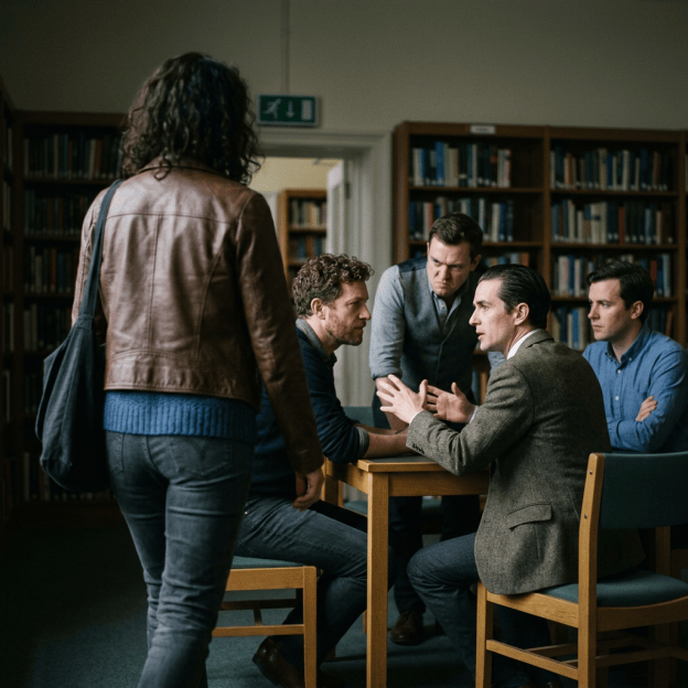 Woman approaches four men having a tense discussion in a library