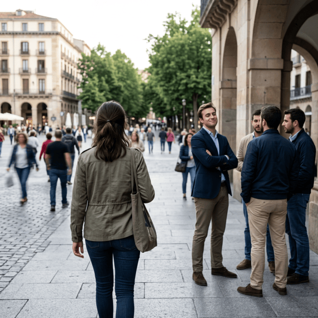 Woman approaching four men beneath historic arcades in a busy city plaza
