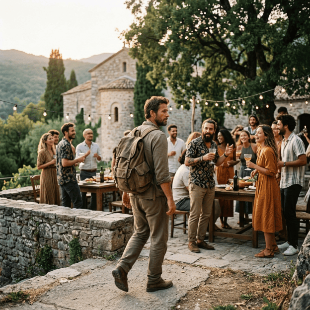 Friends socializing beneath string lights outside a historic stone monastery