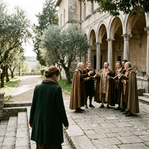 Six robed men singing from books in a monastery courtyard as a woman approaches