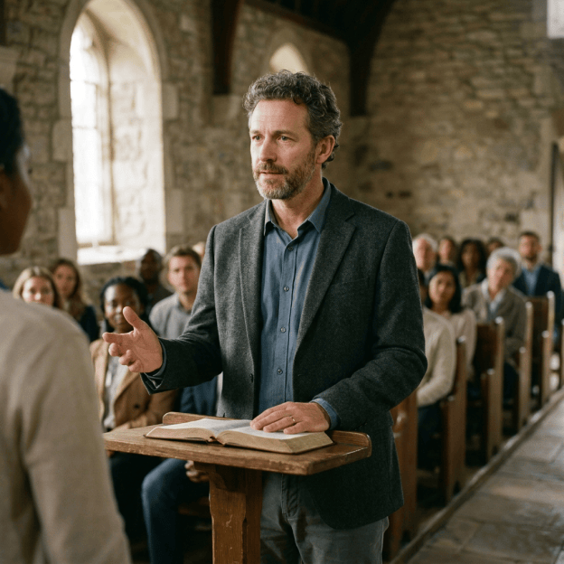 Man speaking beside an open book to an audience in a stone chapel