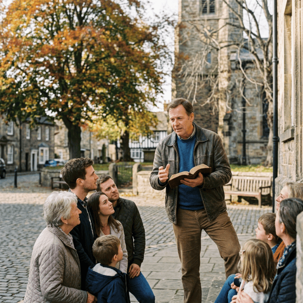 Man holding an open Bible and speaking to families outside a stone church