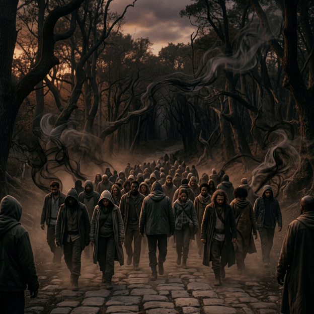 Hooded crowd walking along a misty cobblestone path through a dark forest