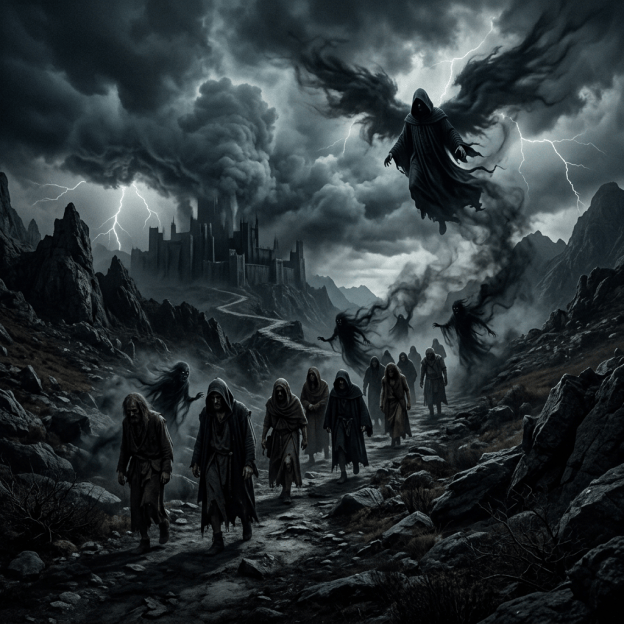 Hooded figures walk toward a castle beneath lightning and a floating ghost